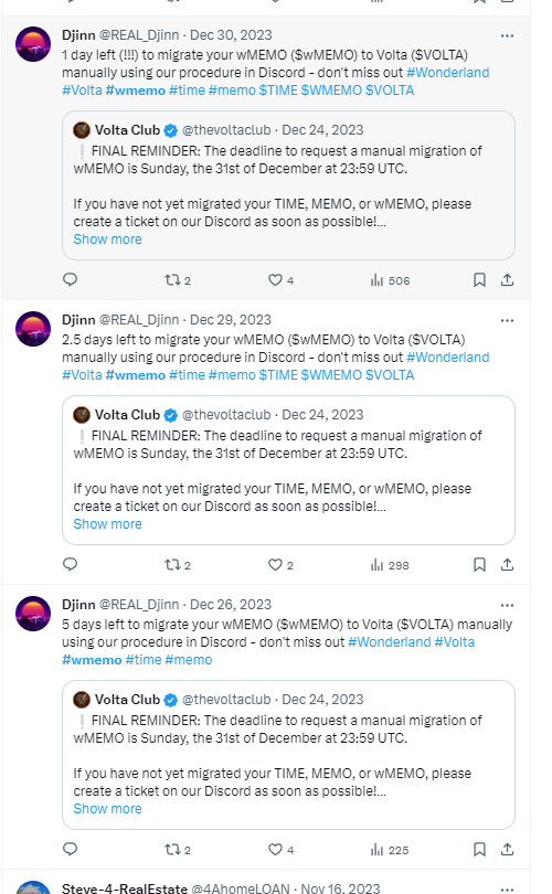 FindingwMemo's tweet photo. Whole 3 twitter posts targeting current #wmemo holders using tags that mention the project by old/current time, by 1 of the team member!
3 Posts, 4 days before its #2late (migration end) that's about all warning you get....
#voltaclubscam #findingwmemo #cryptoscam https://t.co/Wu4zohsQzu