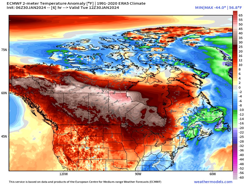 Incredible winter warmth currently in Canada. Northern Manitoba seeing temperatures over 30C above normal.