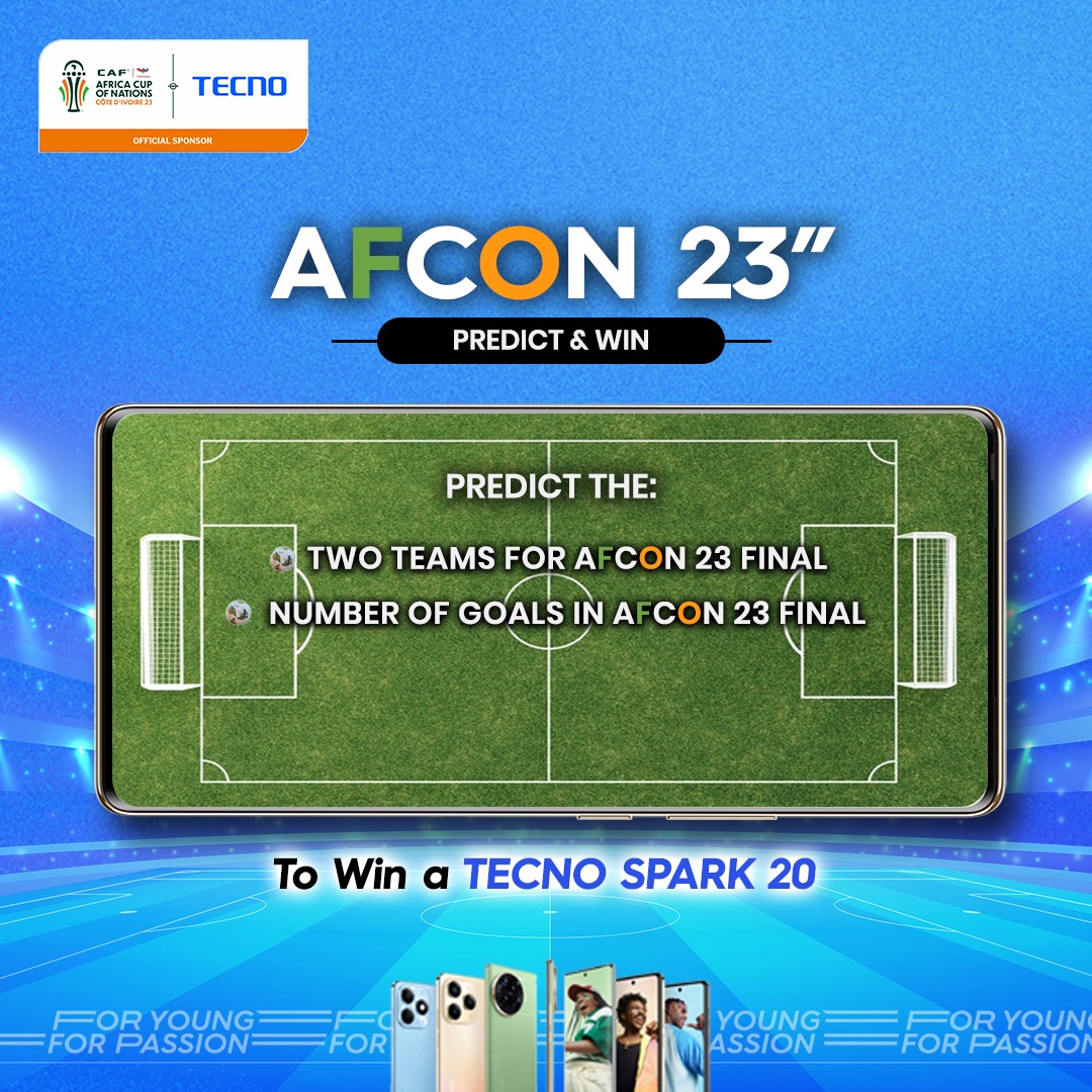 TECNOMobileNG's tweet photo. SPARK 20 up for grabs! 

Predict all correctly using #TECNOAFCON2023 

2 lucky fans across our social media pages who predict correctly will be randomly selected.

You must be following us to qualify.

Prediction ends on the 8th of Feb

#SPARK20Series
#TECNOFootballSeason https://t.co/m1f5HFCRD8