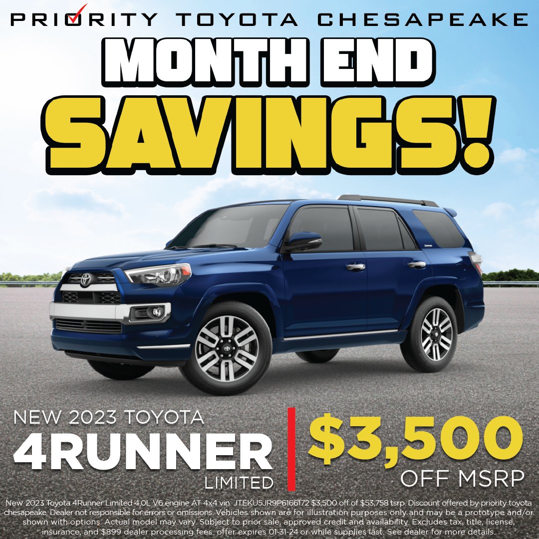 Priority_Toyota's tweet photo. Month End savings are happening now! We are offering $3,500 OFF MSRP on a 2023 4RUNNER LIMITED!  A deal like this won't last long so stop by today and save big! 

Shop today: https://t.co/WUDSytGPEK https://t.co/YaWp1VhUXc