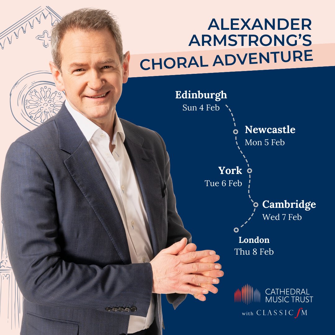 Alexander Armstrong's Choral Adventure 🗺️🎶 Join us in Edinburgh, Newcastle, York, Cambridge or London for Choral Evensong or Sung Vespers next week ⛪️ Magnificent buildings and gorgeous music in the company of our Ambassador @XanderArmstrong More at bit.ly/events-cmt