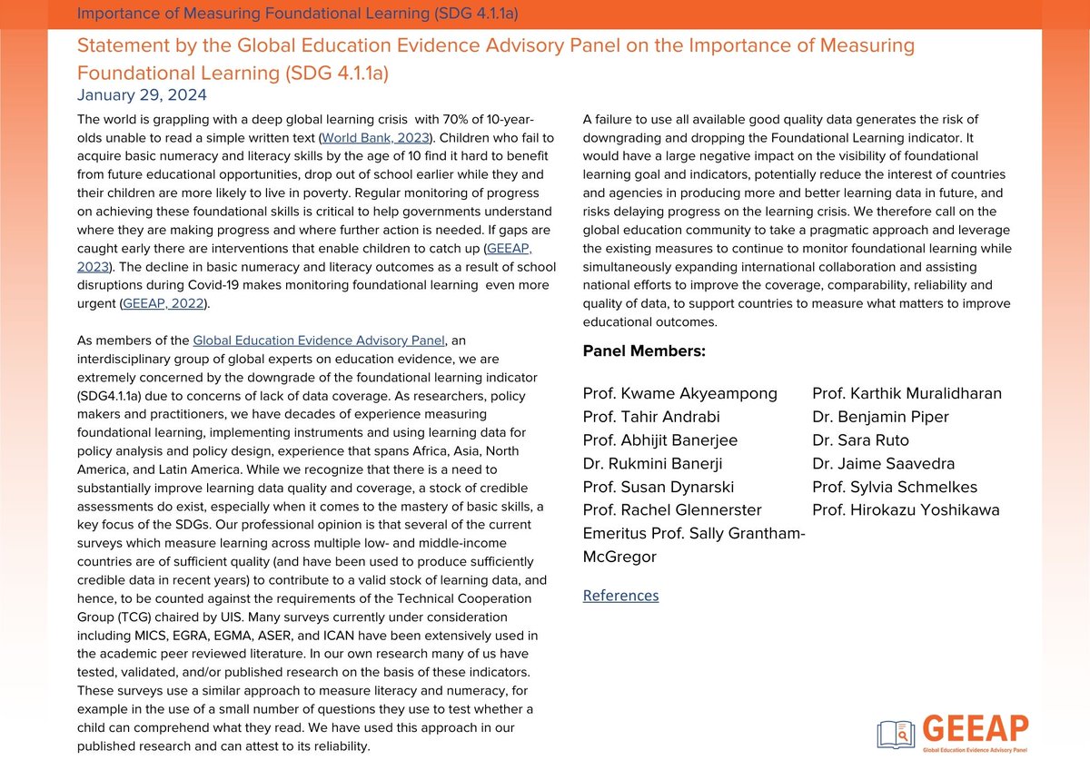 Members of @GEEAP_ express their concern about the downgrade of the #FoundationalLearning indicator (SDG4.1.1a) & suggest available surveys that could be used to measure learning across #LMICs. #SDG #education #SDG411a➡️bit.ly/3SlubSo & References bit.ly/47UCURd