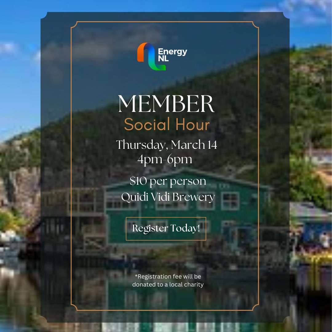 WeAreEnergyNL's tweet photo. Join us for Energy NL Member Social Hour on Thursday, March 14th from 4:00 - 6:00pm at @QuidiVidiBeer.

Register now ➡️ https://t.co/MUgPC5ar8F.

#WeAreEnergyNL #EnergyNL #MemberNetworking #MemberSocial https://t.co/1jrJcCuL8c
