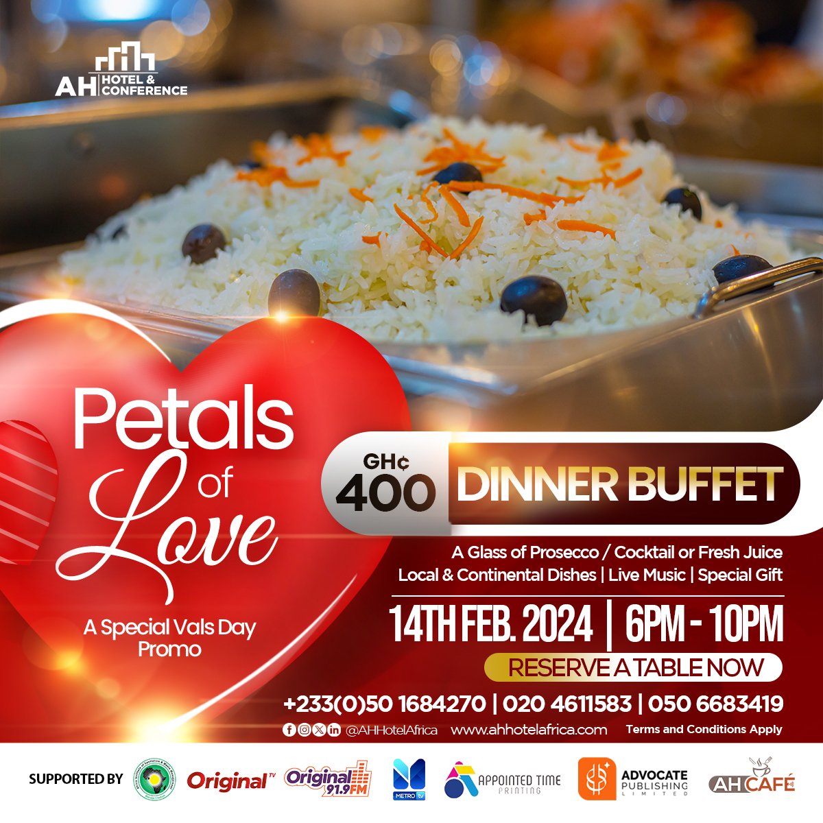 Celebrate #ValentinesDay at our Petals of Love Dinner Buffet! Revel in a glass of Prosecco, signature cocktails, or fresh juice. Delight in a variety of Local & Continental Dishes while immersed in live music. Call now to make reservations: +233(0)50 1684270, 020 4611583.