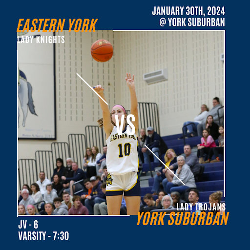 EYathlbooster's tweet photo. Come out to York Suburban to support the Lady Knights as they take on the Trojans! JV plays at 6pm, and varsity tips off at 7:30pm. #eyathleticboosterclub #Rolley #eygoldblooded https://t.co/JFVOwxLOpu