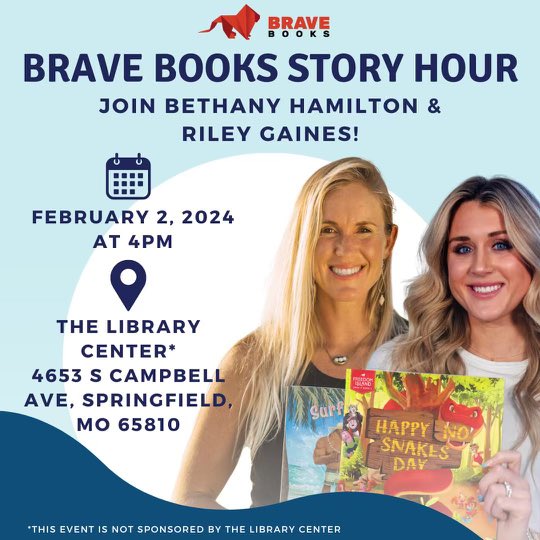 I can't wait to read my brand new children's book, Happy No Snakes Day, in the great state of Missouri this Friday with @BethanyHamilton! Friends near Springfield & Branson, we hope to see you there!
