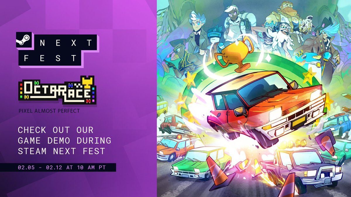 PixelHeart_eu's tweet photo. Want to play an explosive and fun racing game for 1 to 8 players? 😎
💥🚗@OctaRace will take part in the #SteamNestFest on February 5
#Wishlist the game NOW on @Steam 👉 https://t.co/E5jyYKMTwq
#OctaRace #indiegame #indiedev #retrogaming #Steam #micromachine #Pixelart https://t.co/wmxKI1PDwR