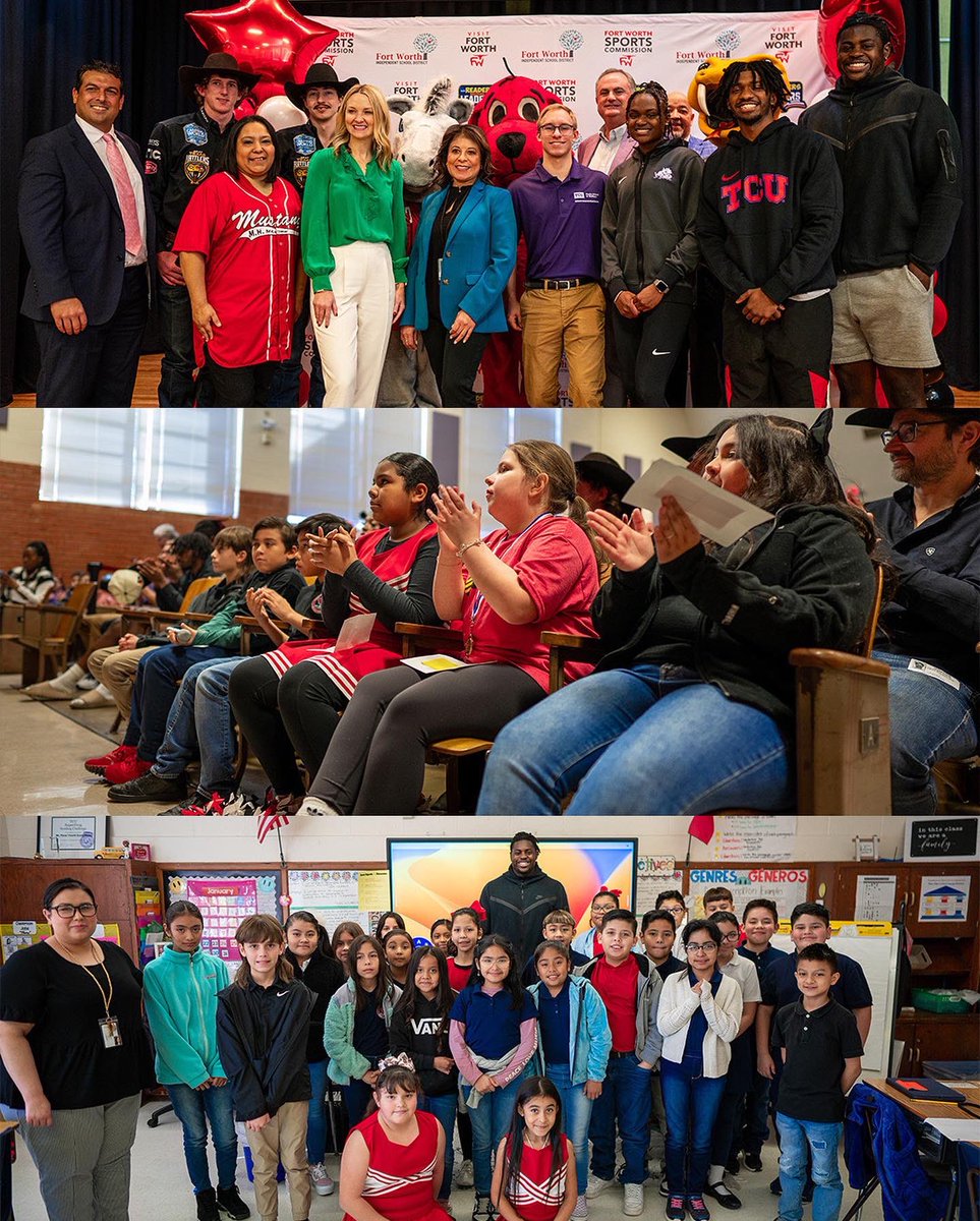 TCUFootball's tweet photo. It was great to come take part in the Readers Become Leaders program with @fortworthisd 

-In the 5 years the program has run in the Fort Worth ISD more than 92,000 elementary school students have read over 101 million minutes. 

- This past year we had 78 schools and 38,000+ students participate. 

- Top schools get to come to the NCAA Gymnastics Championships (hosted at Dickies) for the award ceremony.  Kids get to watch the athletes practice as well. 

- More than 20,000 new books have been donated to schools or students directly in five years (9,200 alone last year).

#BleedPurple | #GoFrogs