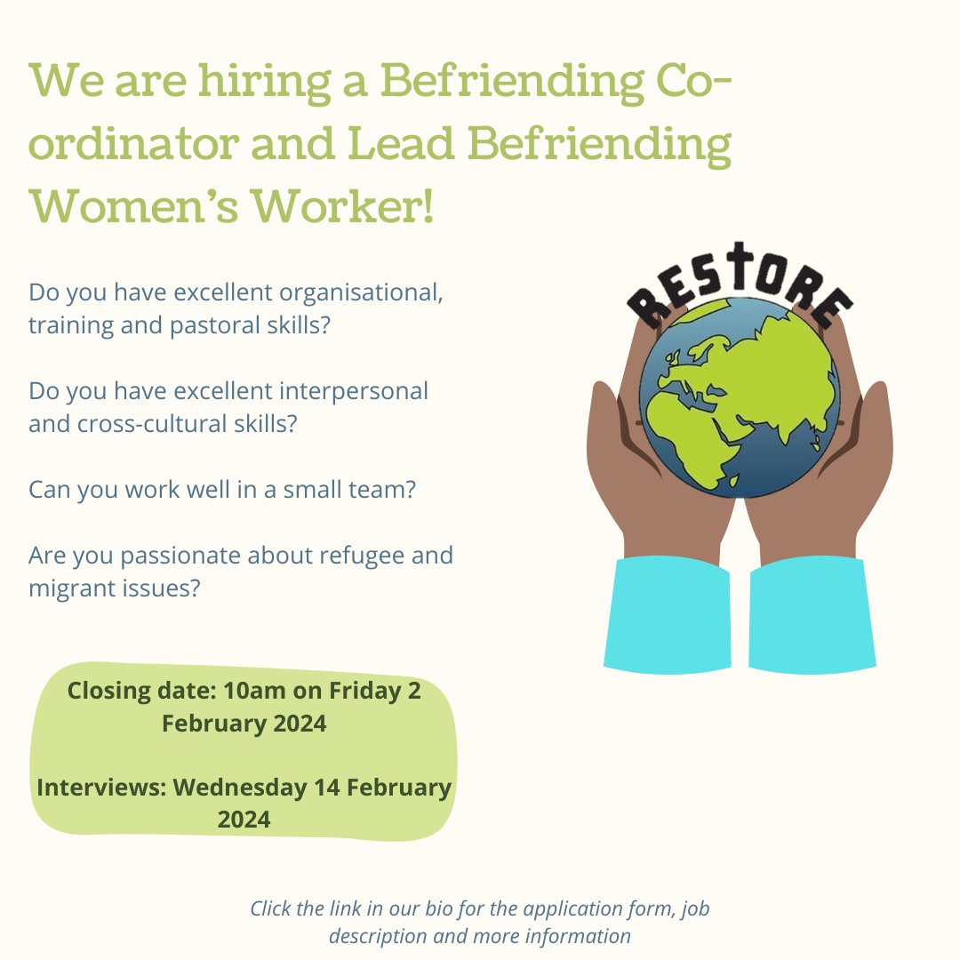 Just 3 more days left to apply for our Befriending Coordinator & Lead Befriending Women's Worker role🚨 🧡We look for a commitment to Restore, teamwork, the ability to juggle many tasks, and excellent interpersonal & cross-cultural skills Apply now ➡️restore-uk.org/news/recruitin…
