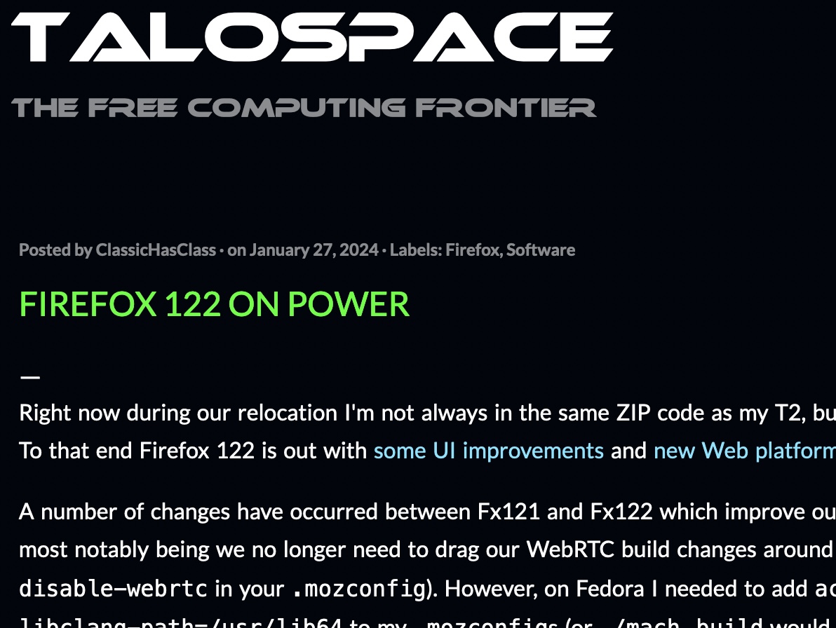 mpc7500v2's tweet photo. #Firefox122 on POWER
https://t.co/08T9x2zvWb
#OpenPOWER #POWER9 #PowerPC #PPC64le #WebRTC #PGO #LTO #JavaScriptJIT https://t.co/JG7SUPrX13