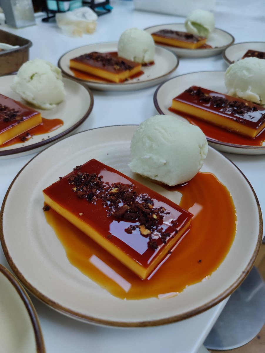Leche Flan. Latik. Green Mango Sorbet.
Rich crème caramel made with egg yolks, condensed milk and evaporated milk. Topped with burnt coconut curds. Paired up with tangy and creamy green mango sorbet.
Perfect combo of sweetness, bitterness, nuttiness, tanginess and creaminess
