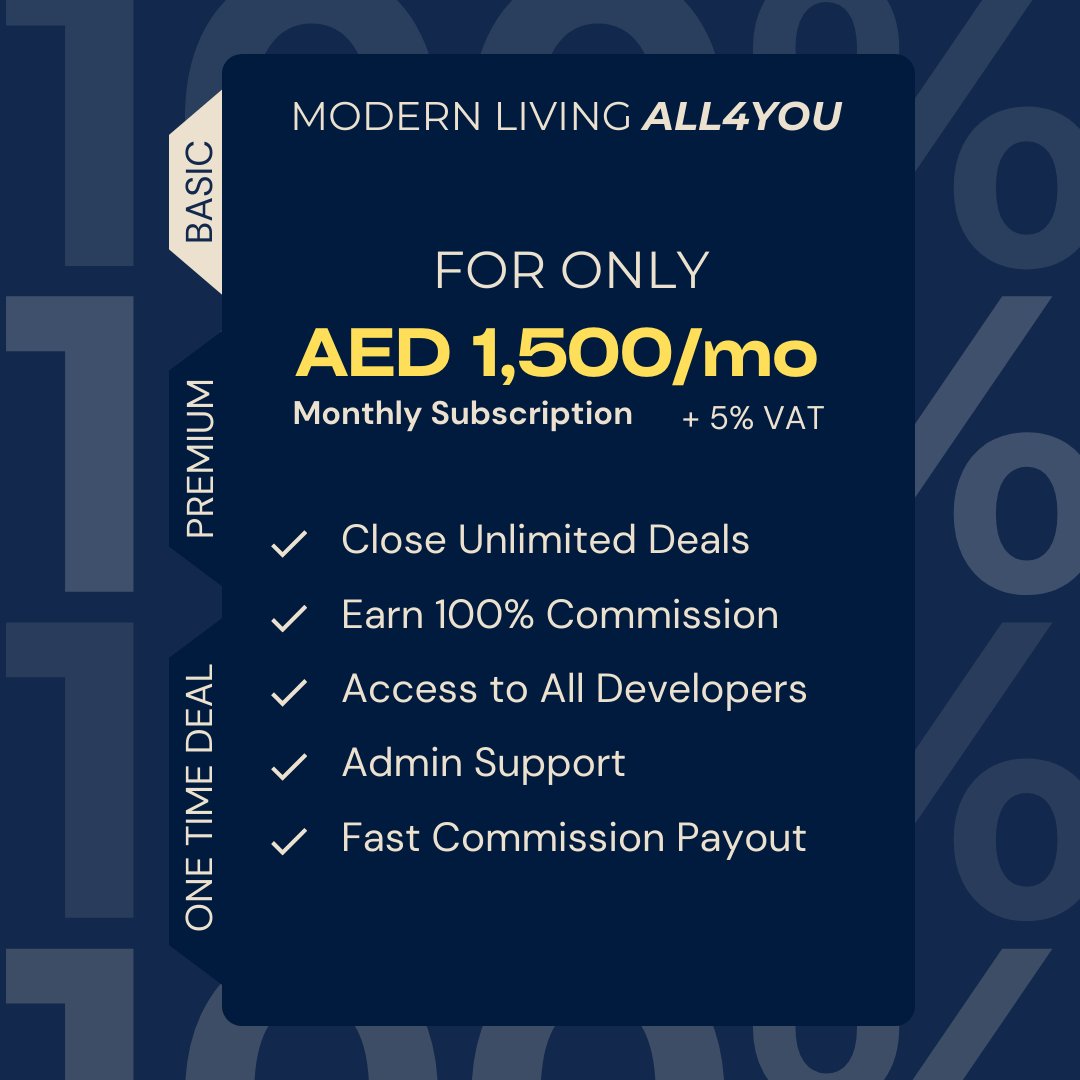 ModernLivingAE's tweet photo. Modern Living All4You is revolutionizing the real estate landscape, offering a game-changing opportunity to earn 100% commission on every deal you close.

Our tailored plans are designed to fit your unique needs. Swipe left to know more. 

#DubaiRealEstateAgent https://t.co/I81QpG8ivy