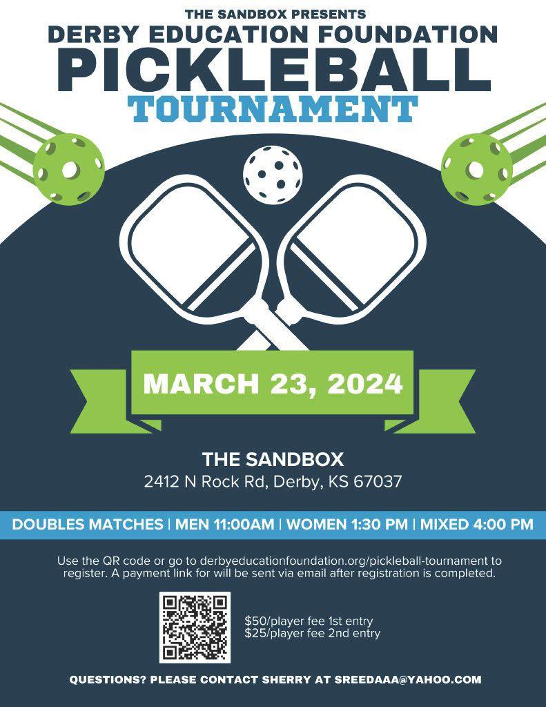 DerbyEduFdn's tweet photo. Exciting news! 🏓 Registration is officially open for the inaugural Derby Education Foundation pickleball tournament presented by The Sandbox at Derby. 🎉 @DerbySchoolsKS 

Scan QR code below to register or visit https://t.co/9YYBHaB3tR. See you soon! https://t.co/rVdnNvc2ap