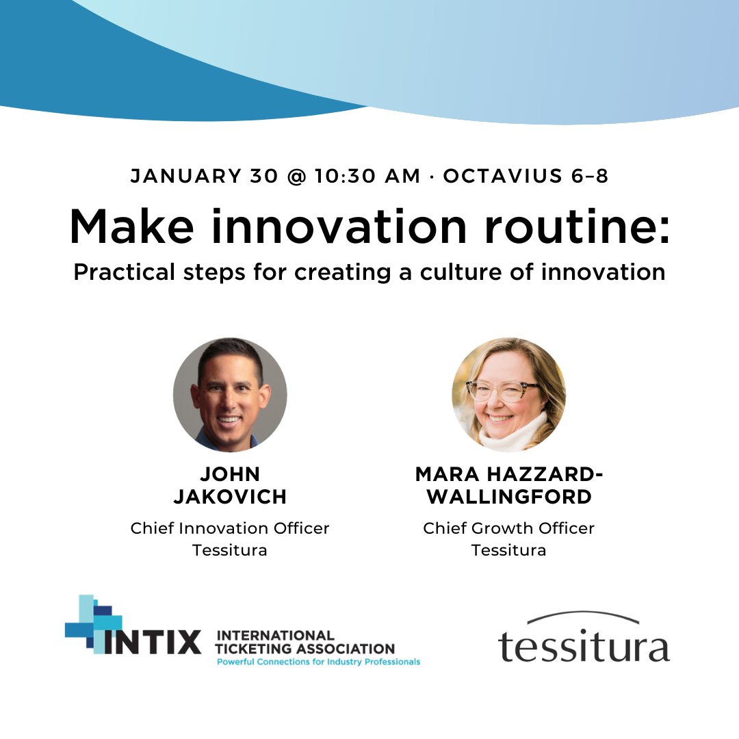tessnetwork's tweet photo. Coming up at #intix2024, Tessitura's Chief Innovation Officer John Jakovich and Chief Growth Officer Mara Hazzard-Wallingford will give you confidence-boosting ideas in their “Make innovation routine” workshop.

Join us there in Octavius 6-8 at 10:30am! https://t.co/CFqmlWKofF