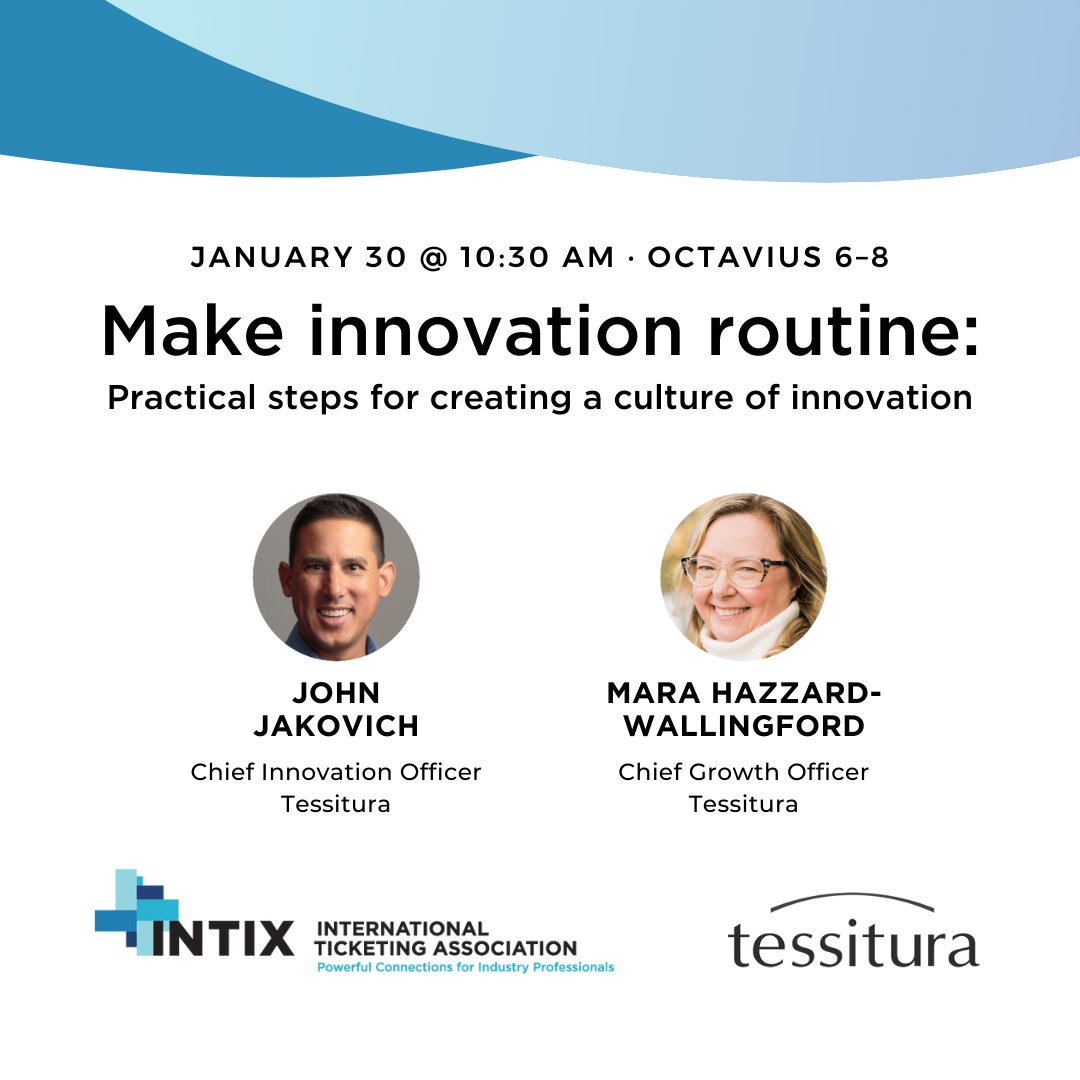 Coming up at #intix2024, Tessitura's Chief Innovation Officer John Jakovich and Chief Growth Officer Mara Hazzard-Wallingford will give you confidence-boosting ideas in their “Make innovation routine” workshop. Join us there in Octavius 6-8 at 10:30am!