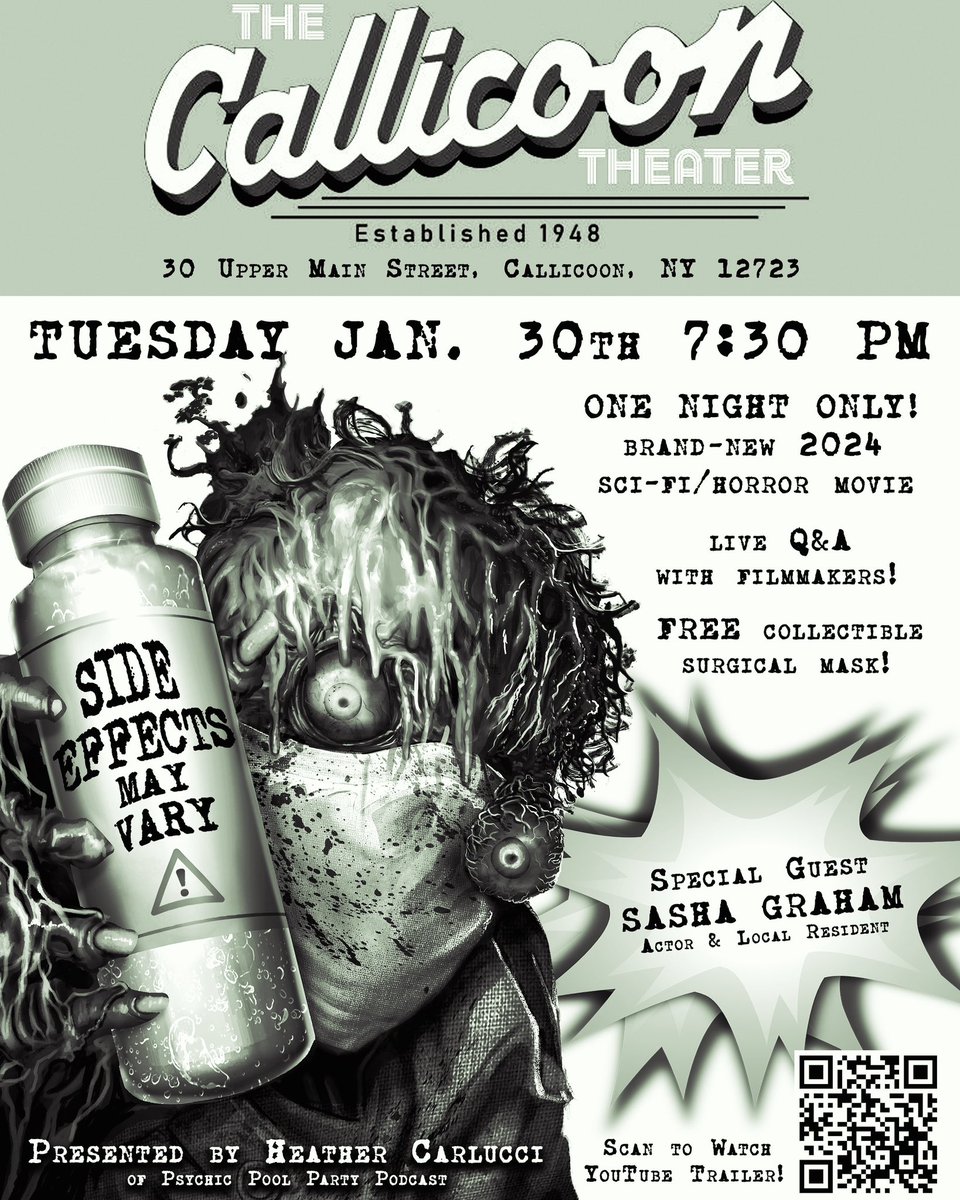 TempeVideo's tweet photo. 7:30PM TONIGHT: #SideEffectsMayVary infects the sleepy town of Callicoon, NY with goop, fun, and special guest @SashaGraham — don't miss it! RSVP or purchase advance tickets at link in bio. 💉😷

#onlyintheaters #callicoon #newyork #callicoontheater #jrbookwalter #sashagraham https://t.co/tkEEeck1MA