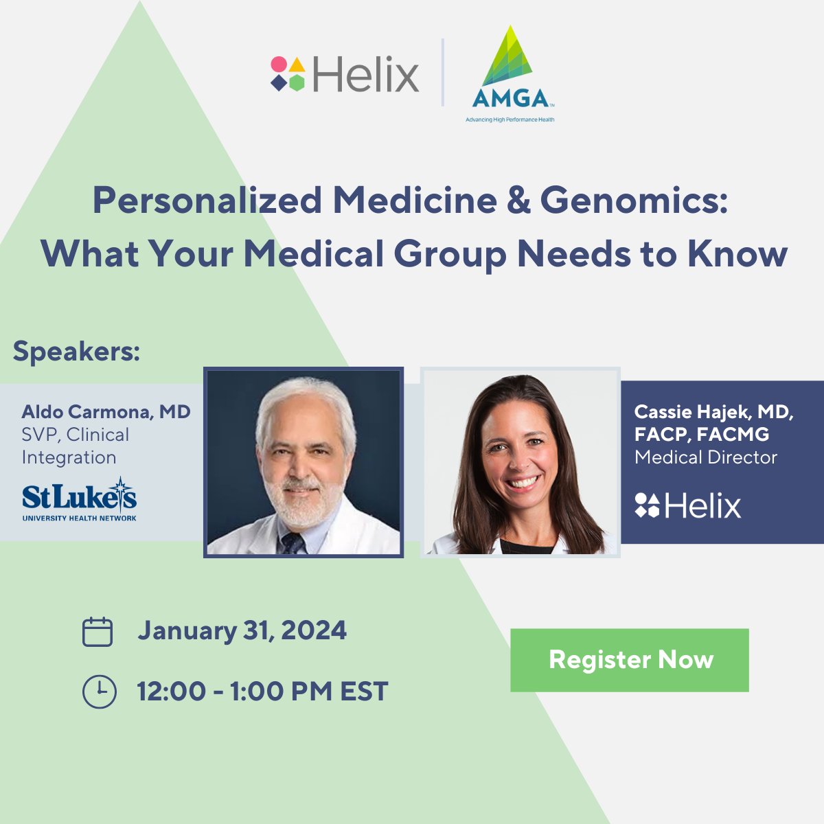 Last chance to register for our webinar, Personalized Medicine & Genomics: What Your Medical Group Needs to Know. Learn from leaders Aldo Carmona & Cassie Hajek how genomics can advance personalized medicine & boost provider-patient impact. Register Now bit.ly/3vLmVaO