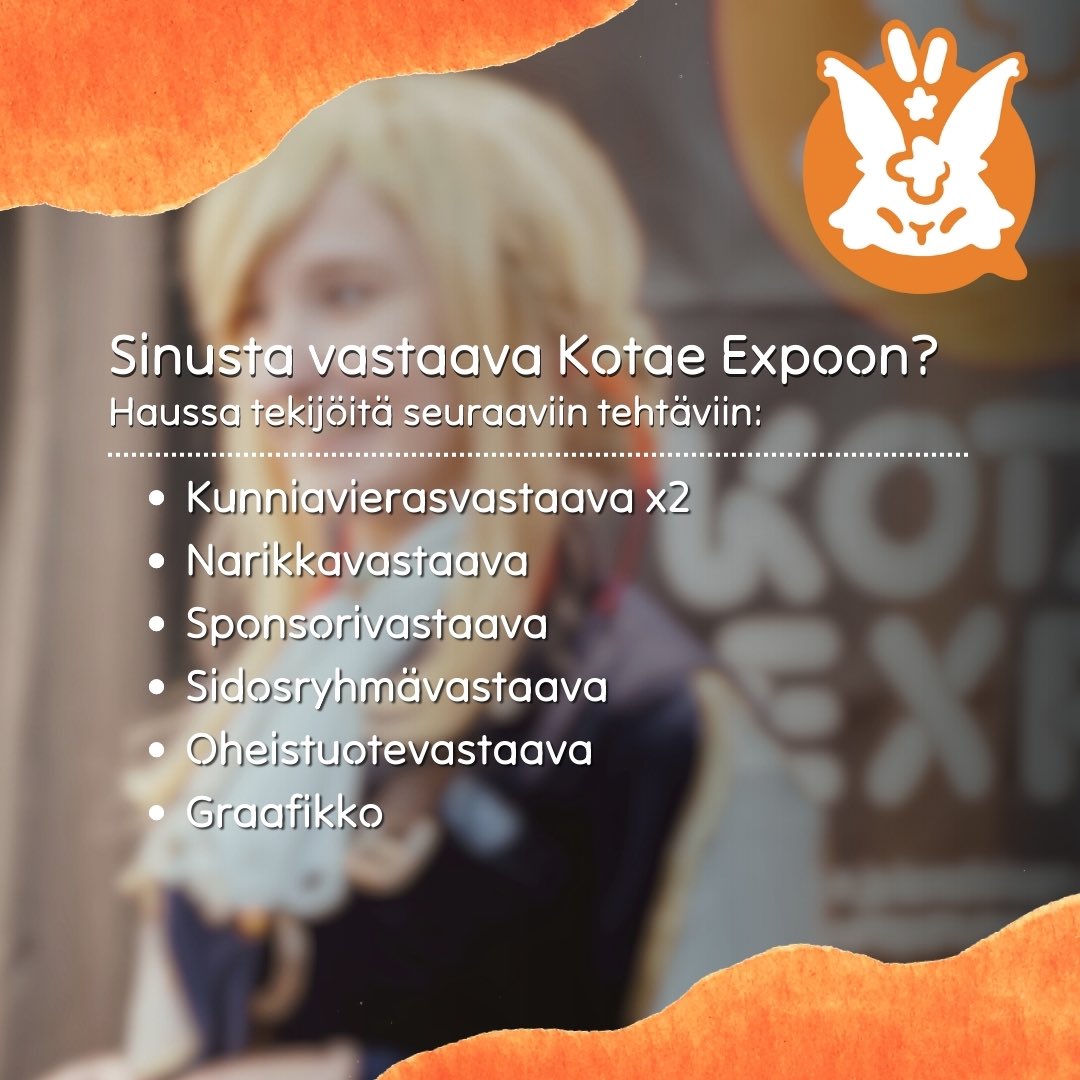 Kaipaamme kovasti tekijöitä vastaavarooleihin Kotae Expoon!

• Kunniavierasvastaava x2
• Narikkavastaava
• Sponsorivastaava
• Sidosryhmävastaava
• Oheistuotevastaava
• Graafikko

Löydät haun tarkemmat tiedot osoitteesta kotae.fi/haut/vastaavah…

#Kotaeexpo #Kotaeexpo2024