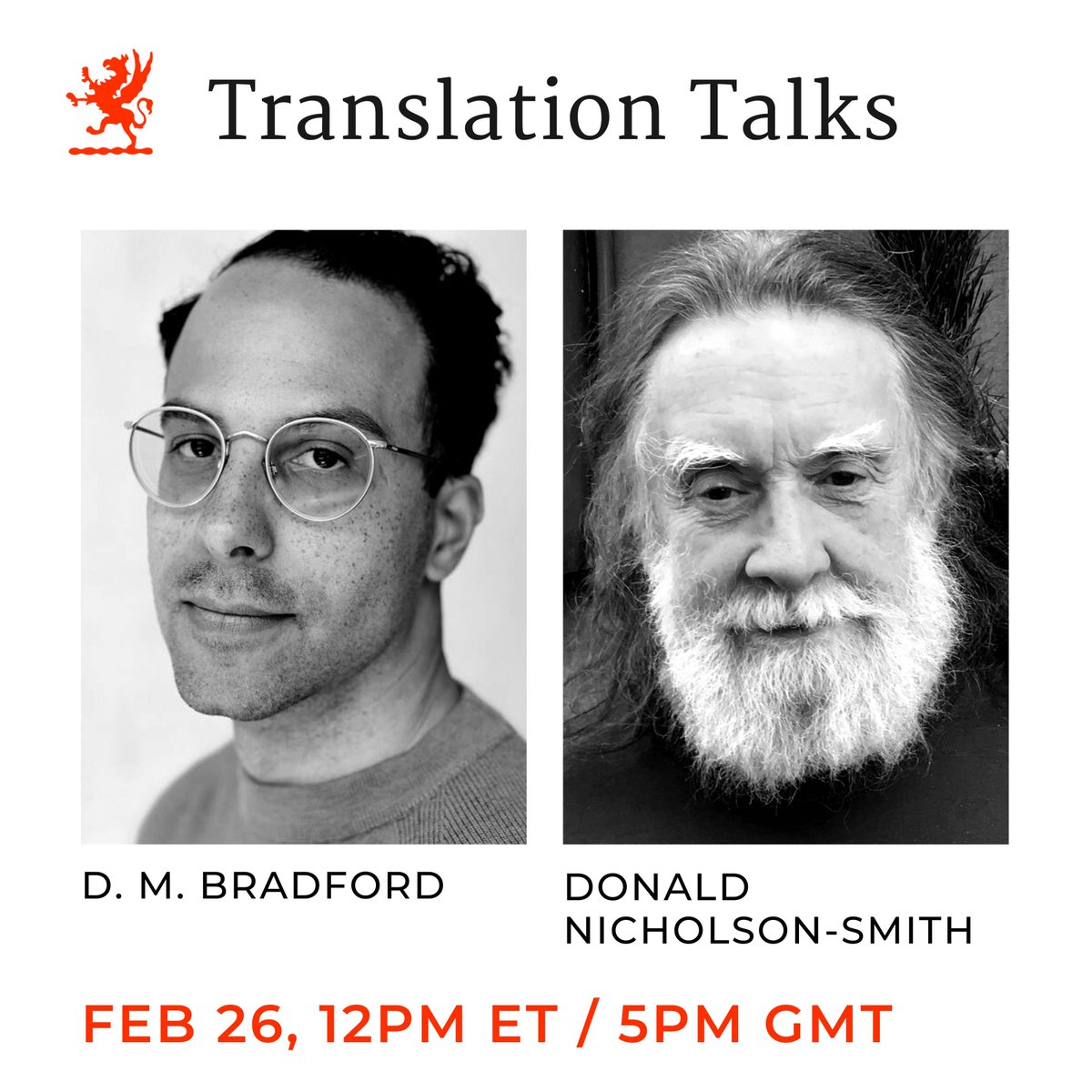 Join us! Our next #TranslationTalks features Canadian poet, translator, and curator D. M. Bradford (<a href="/BartleBeeps/">D. M. Bradford</a>) in conversation with British-American translator &amp; editor, Donald Nicholson-Smith!

✨ Monday, Feb. 26
✨ 12:00pm ET / 5:00pm GMT
✨ Zoom

buff.ly/49cyFl9