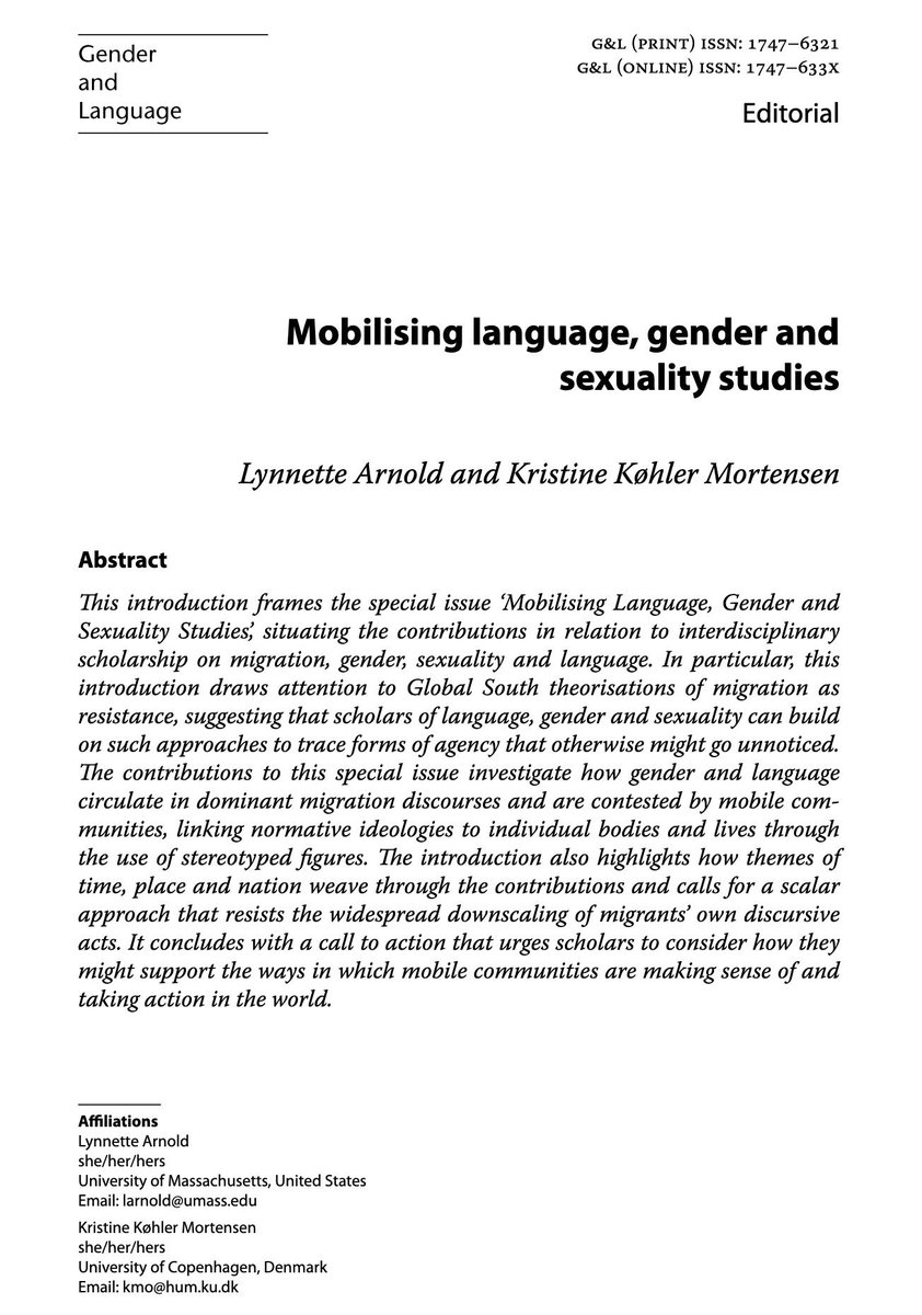 soclinganth's tweet photo. 📣📣 A new special issue of the journal Gender &amp; Language is now available! The special issue is co-edited by Lynette Arnold Kristine Køhler Mortensen.

⚫️ It is titled Mobilizing Language, Gender, and Sexuality Studies.

#soclinganth #linganth #linguisticanthropology https://t.co/yDnHHeqhJJ