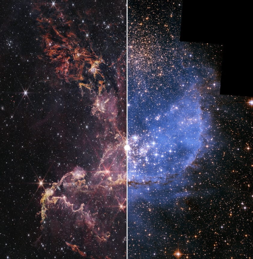 ScienceCQFD's tweet photo. [#Infographie] La nébuleuse #NGC346 du Petit Nuage de Magellan vue par Hubble puis par le JWST https://t.co/ssOED3GxhE #ScienceCQFD https://t.co/hUOSvj3E1O