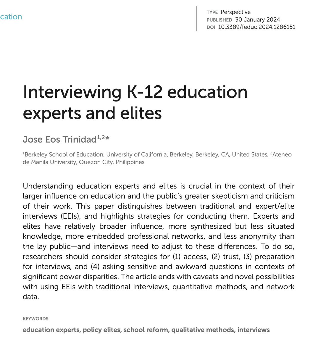 (36) How is interviewing K-12 ed experts and elites different from interviewing teachers and students? 

This new paper answers this question, and provides guidance and examples on interviewing these individuals. Check it out at bit.ly/JET_036