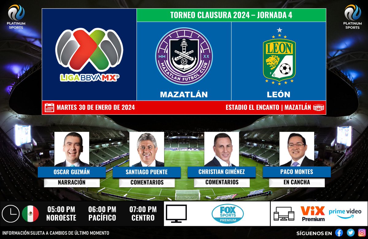 ⚽️ #LigaBBVAMX 🇲🇽 | @MazatlanFC vs. @clubleonfc 
🇲🇽📺 #FOXSportsPremium 
🎙️ @guzmanjuegue 
🎙️ @santipuente 
🎙️ @chaco_81 
🎙️📝 @PacoMontesLA 

#CañonerosxFSMX - #LigaMXenFSMX