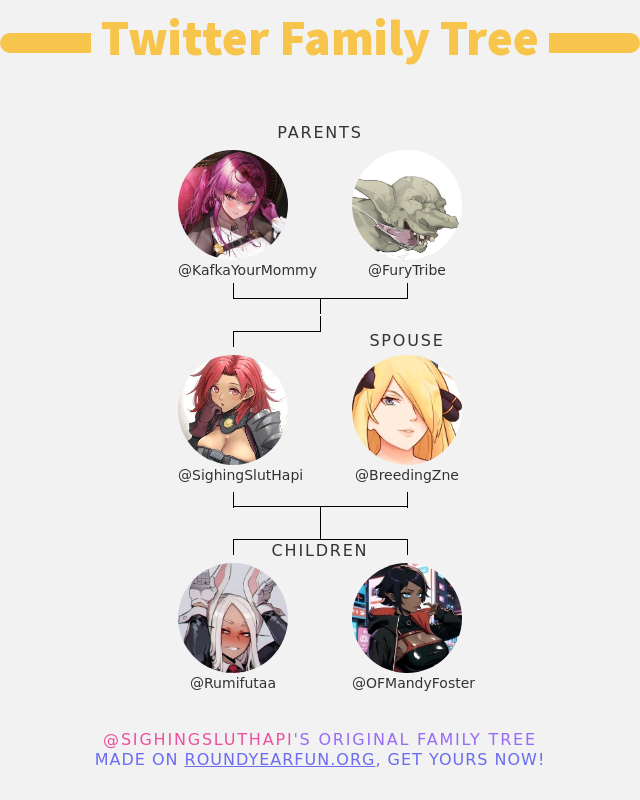 SlimedDMG's tweet photo. 👨‍👩‍👧‍👦 My Twitter Family:
👫 Parents: @KafkaYourMommy @FuryTribe
👰 Spouse: @BreedingZne
👶 Children: @Rumifutaa @OFMandyFoster

➡️ https://t.co/HbB3zmqZQ2 https://t.co/7Ga6J4UQq1