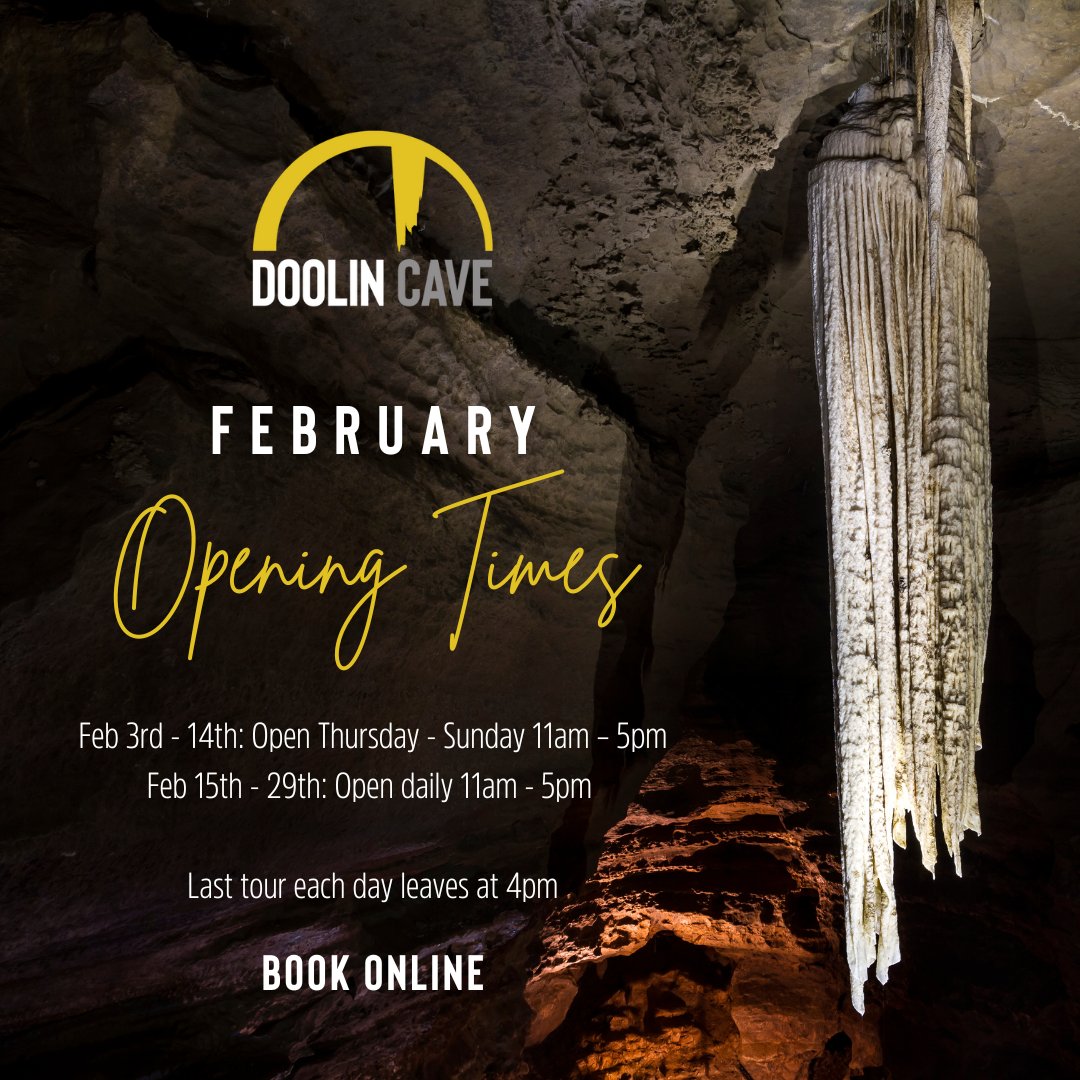 Our opening hours for February ✨ We look forward to welcoming you to Doolin Cave for more underground adventures! Please note: we are closed the 1st & 2nd Feb for some upgrades. 🎟️ Book tickets: doolincave.ie #doolin #burren #wildatlanticway #keepdiscovering