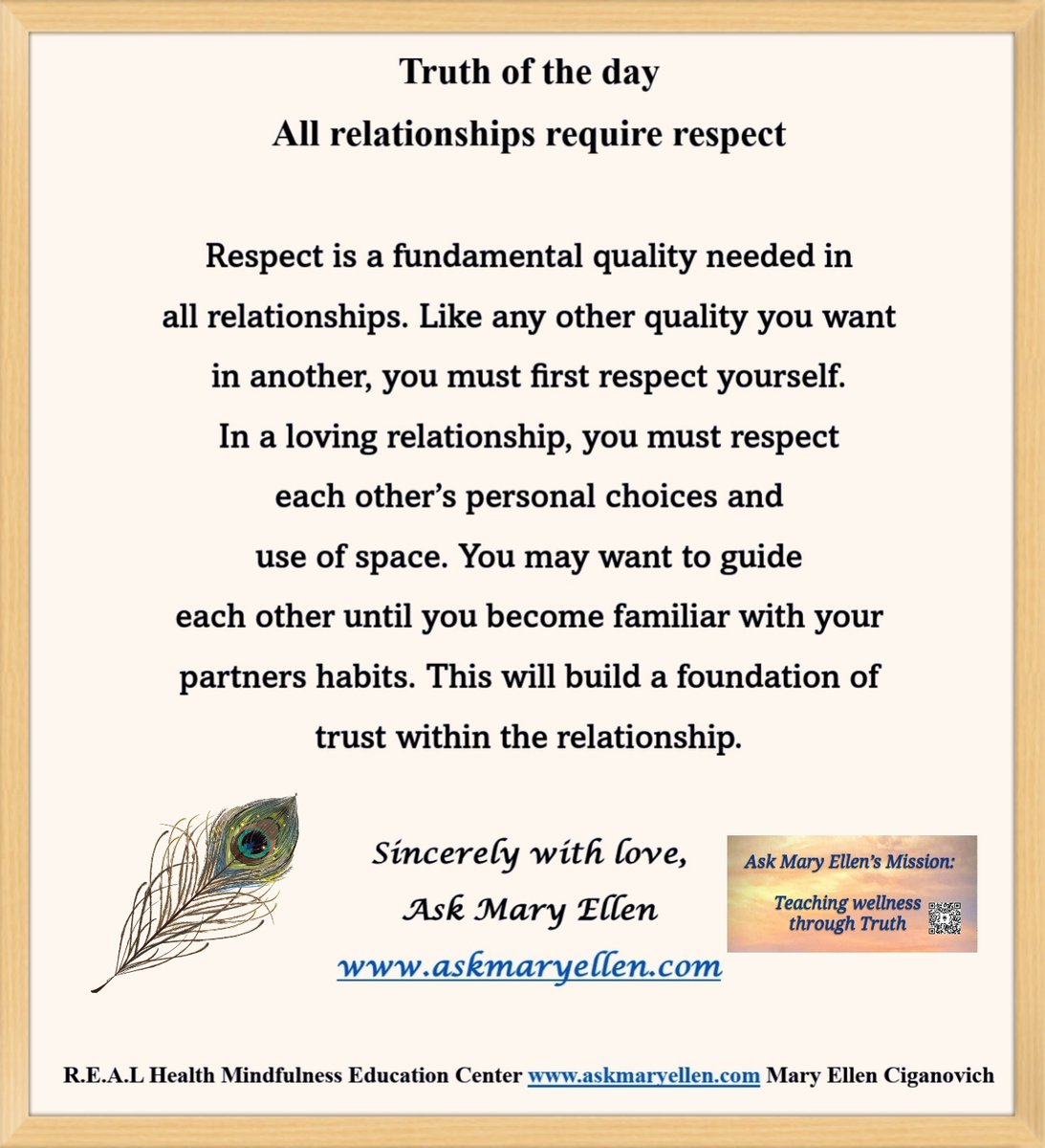 askmaryellen's tweet photo. Truth of the day: All relationships require respect. #askmaryellen #truthoftheday #relationships102 #relationshiprebuilder #mindfulnesscoach #dailydevotionals #TruthAuthor https://t.co/y0Sk80xZ71    Truth Lives https://t.co/O5zd8VYmVG https://t.co/T7GmBhbiil