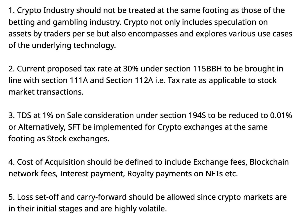 In 2 Days 🇮🇳 FM will announce the Interim Budget.

Current Crypto Tax Laws :

1) Flat 30% TAX
2) 1% TDS 
3) No loss Setoff
4) Cost of Acquisition not defined. 

The community has been proposing the following changes ever since these new rules were introduced. 

Hope they consider