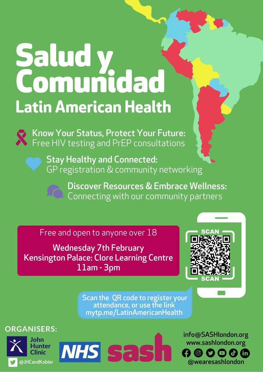 John Hunter & Kobler (@jhcandkobler) on Twitter photo JHC and SASH <a href="/wearesashlondon/">SASH: Support and Advice on Sexual Health</a> have joined forces to bring an event on LatinX Health.
👥 Contraception, 1ary care, sexual health, HIV testing & prevention
📅 Wed 7th Feb 24: 11:00am - 3:00pm
📍 Kensington Palace: Clore Learning Centre
🎟️ Register here! - buff.ly/3Sxe84j JHC and SASH <a href="/wearesashlondon/">SASH: Support and Advice on Sexual Health</a> have joined forces to bring an event on LatinX Health.
👥 Contraception, 1ary care, sexual health, HIV testing & prevention
📅 Wed 7th Feb 24: 11:00am - 3:00pm
📍 Kensington Palace: Clore Learning Centre
🎟️ Register here! - buff.ly/3Sxe84j