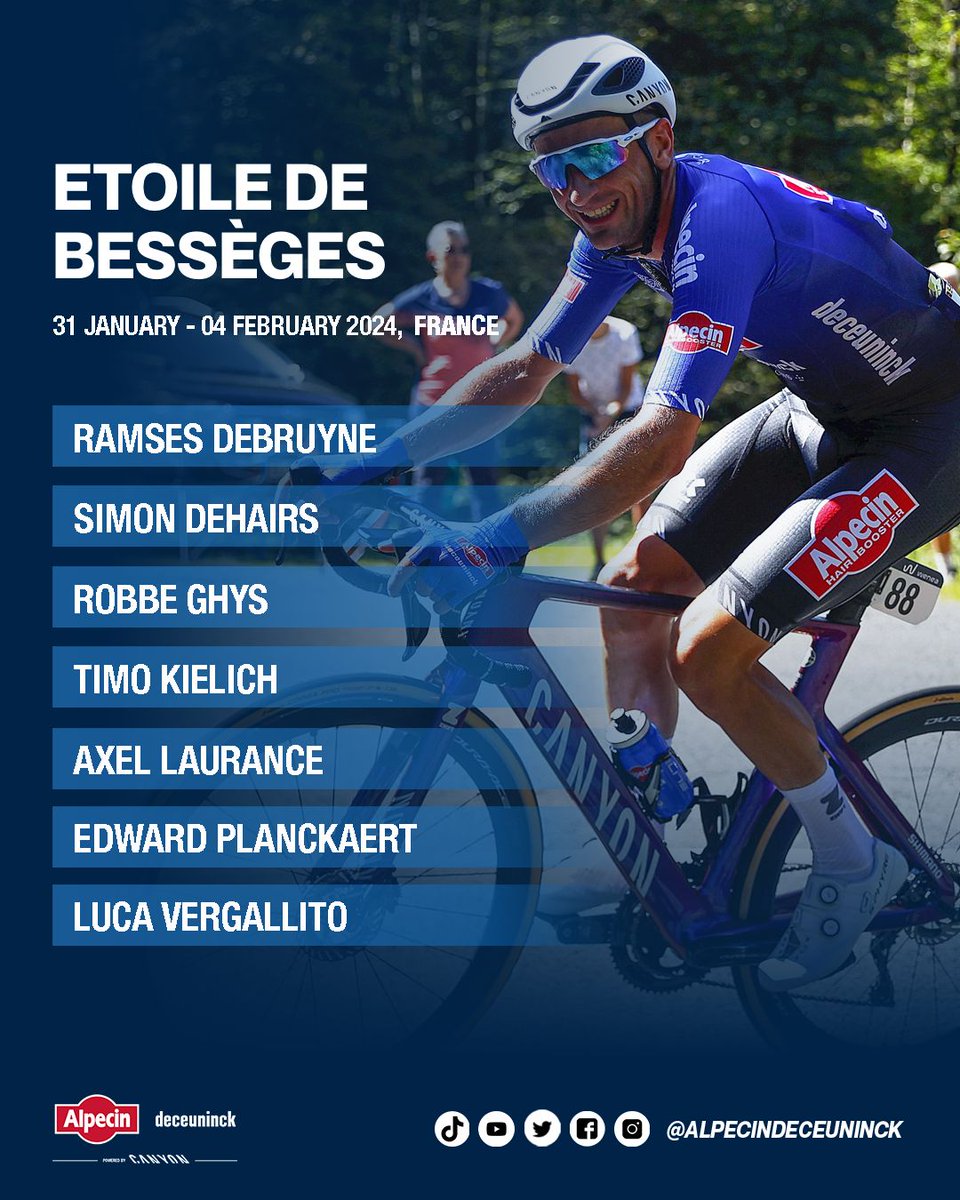 Starting tomorrow, we kick off our first European stage race of the season with @Etoile_Besseges. The five-day race starts in Bellegarde and ends Sunday with a time trial in Alès 🇫🇷 This is our lineup. Good luck, guys! 🤞 #alpecindeceuninck
