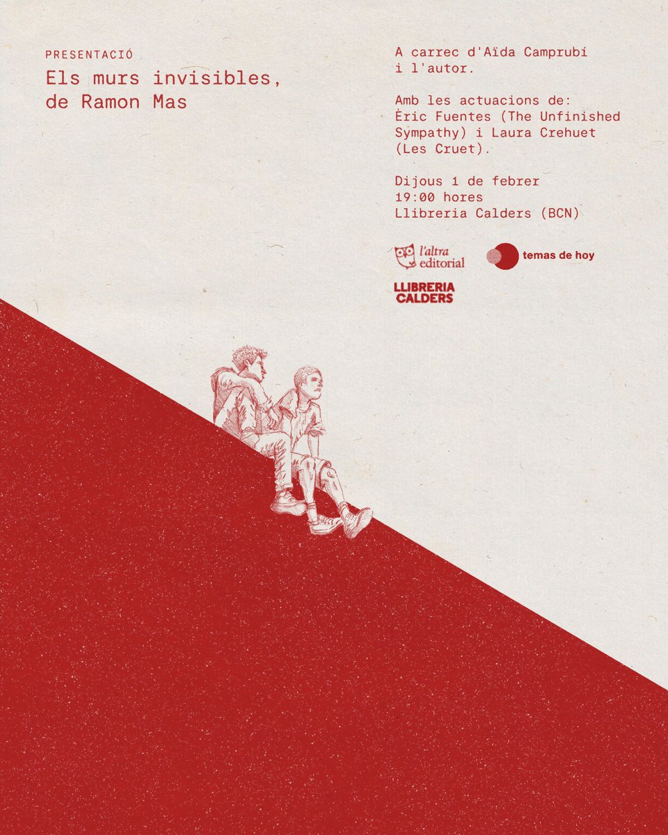 Presentem «Els murs invisibles» de Ramon Mas amb una companyia immillorable:
🗓️ Dijous 1 de febrer, 19h
📍 <a href="/LaCalders/">Llibreria Calders</a> 
🎙️ Als micros: Ramon Mas + Aïda Camprubí
🎸 Amb amplis: Laura Crehuet (<a href="/lesCruet/">lesCruet</a>) i Èric Fuentes (<a href="/TUSbcn/">The Unfinished Sympathy</a>).
Buf, serà PRECIÓS! Per l'amistat i la família triada!
