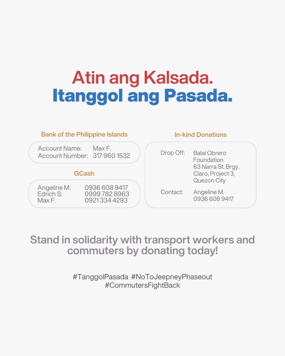 inklusibo_'s tweet photo. We are reopening our call for donations to give you an avenue to stand in solidarity with transport workers and commuters. Atin ang kalsada, itanggol ang pasada!
#TanggolPasada #NoToJeepneyPhaseout #CommutersFightBack https://t.co/u08WdmiPKV