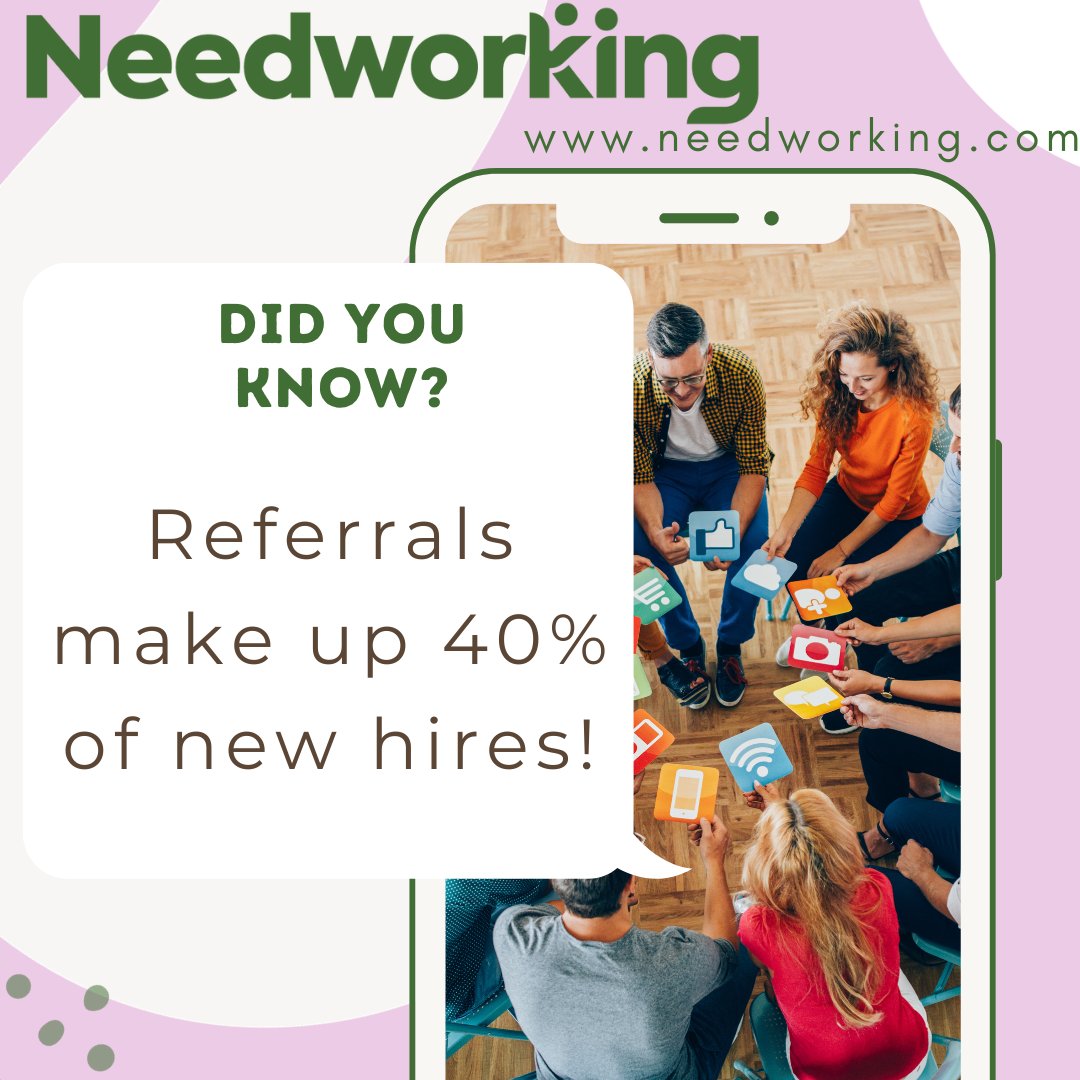 The power of #connection: referrals make up 40% of new hires!!

Try a new way of connection and networking at needworking.com!
#needworking #networking #network #socialnetwork