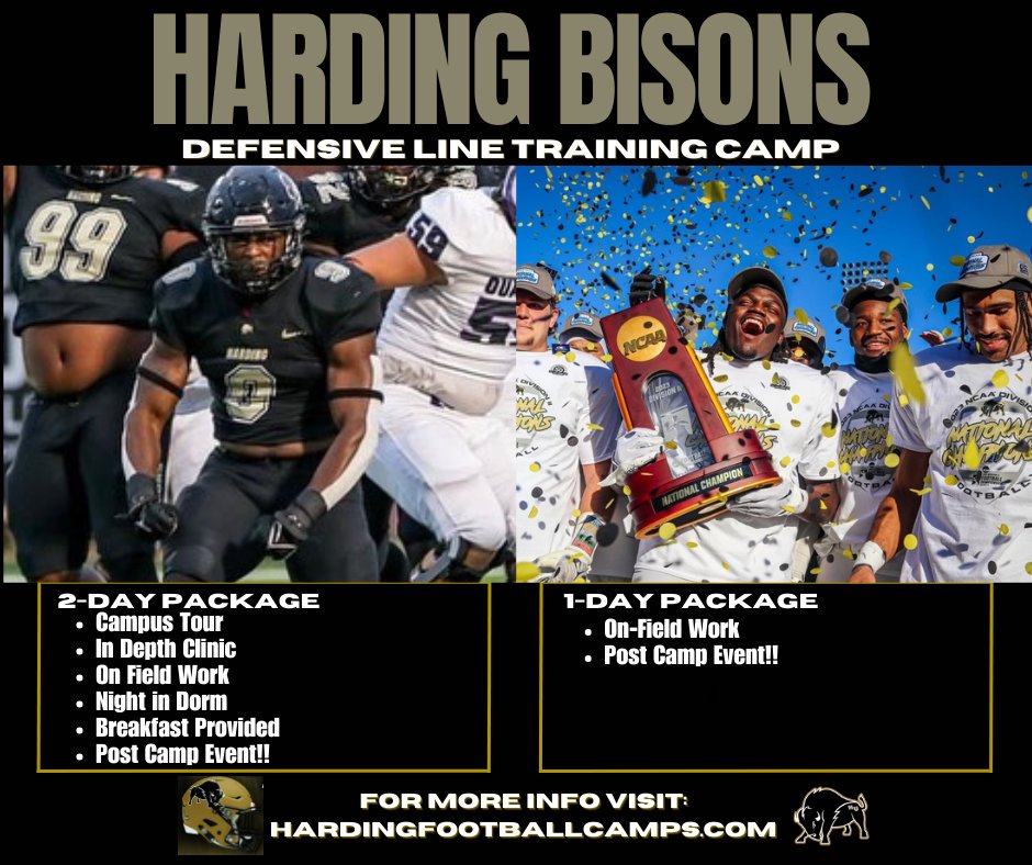 The 2024 Harding Defensive Line Training Camp is now available for signups! This is for any young men entering the 9th-12th grade this coming fall. Come find out what it takes to become a national championship-level trench MONSTER!! The camp will take place on the last weekend of…