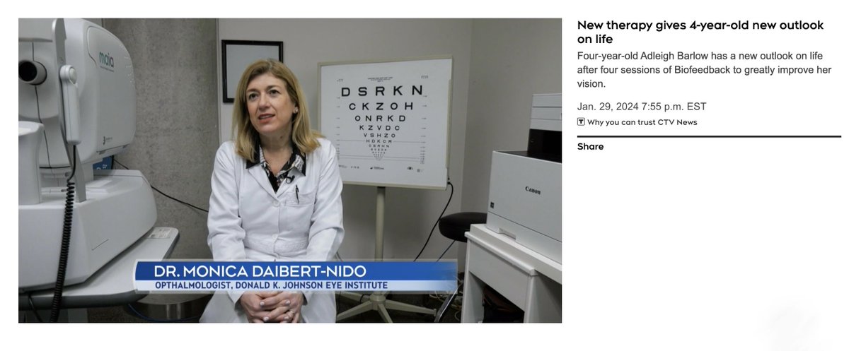Dr. Monica Nido and the Low Vision team <a href="/DKJEI_UHN/">Donald K. Johnson Eye Institute</a> helped many patients regain sight using biofeedback therapy, including Adleigh, the youngest patient to receive this treatment.

Watch the video: bit.ly/42gt6jr
