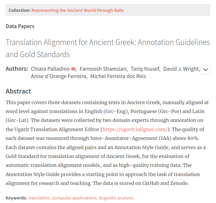 up_johd's tweet photo. #johdpapers
New #datapaper out 📢
"Translation Alignment for #AncientGreek: Annotation Guidelines and Gold Standards"

✍️@geophilologist @farnooshamsian @TariqYousef1 @rmavirumquecano Anise d’Orange Ferreira &amp;
Michel Ferreira dos Reis

📰👉https://t.co/WednU2XwLp
#CompLing https://t.co/mXDQY7KziF