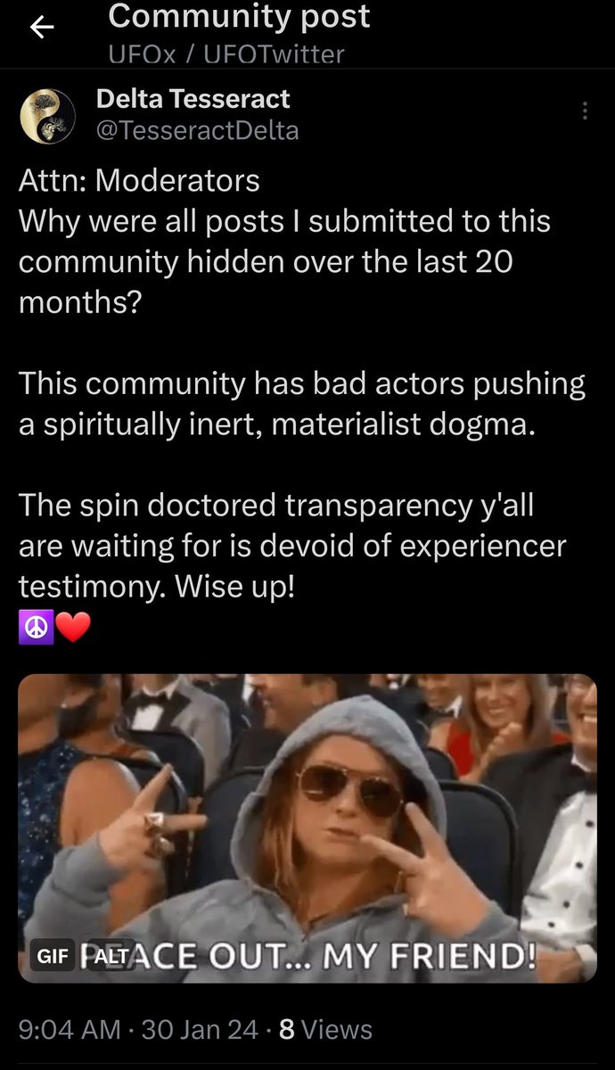 TesseractDelta's tweet photo. #ufotwitter #ufoX #ufo #uap #disclosure #transparency #xCommunities #TruthEmbargo #nhiExperiencerTestimony #CensoredOnXcommunities #iwillNotBeSilenced #FreeSpeechCensorship
Attention UFO experiencers:
I have been marginalized and denied my right to free speech on UFOtwitter. 👇🏻 https://t.co/irwM6bHNPo