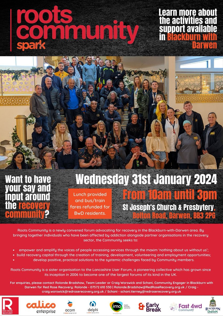 RRR_LUF's tweet photo. Roots Community Forum is tomorrow!

Come along to here what changes we are making to the recovery community and have your say in what you want to change!

#recovery #blackburnwithdarwen #serviceuservoice #forum https://t.co/sjXSJLWJzr