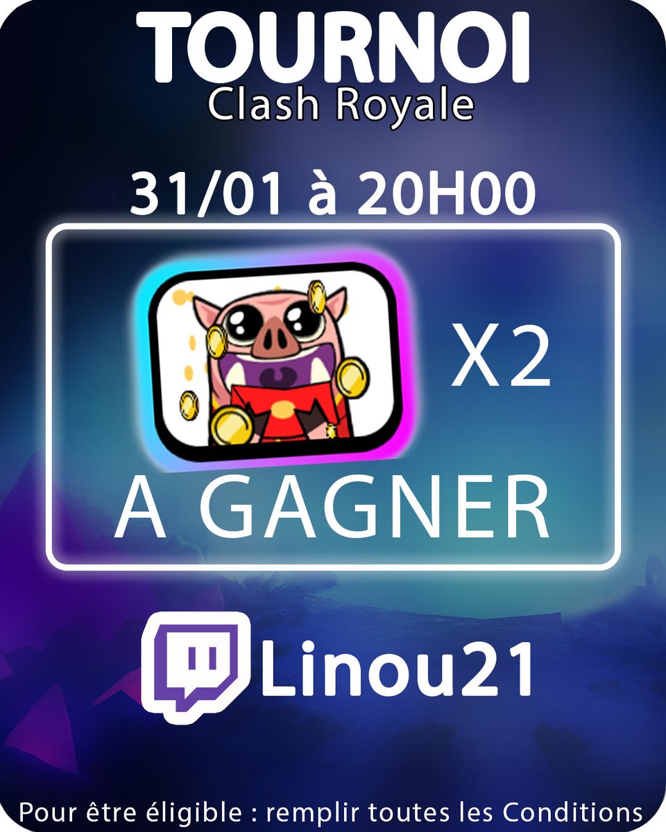 Linou21 (@linou_21) on Twitter photo J'organise un Tournoi #ClashRoyale Mercredi 31/01 ร 20h00.
Pอoอuอrอ wอiอnอ uอnอeอ LอNอYอ Hอoอgอ Eอmอoอtอeอ:
-Etre 1er(e)
ou
-Faire au moins 5 games + s'inscrire au Giveaway du Stream.
Cอoอnอdอiอtอiอoอnอsอ :
1๏ธโฃ Follow youtube : youtube.com/@Linou21
2๏ธโฃ Like + RT
3๏ธโฃ Tag 2 amis J'organise un Tournoi #ClashRoyale Mercredi 31/01 ร 20h00.
Pอoอuอrอ wอiอnอ uอnอeอ LอNอYอ Hอoอgอ Eอmอoอtอeอ:
-Etre 1er(e)
ou
-Faire au moins 5 games + s'inscrire au Giveaway du Stream.
Cอoอnอdอiอtอiอoอnอsอ :
1๏ธโฃ Follow youtube : youtube.com/@Linou21
2๏ธโฃ Like + RT
3๏ธโฃ Tag 2 amis