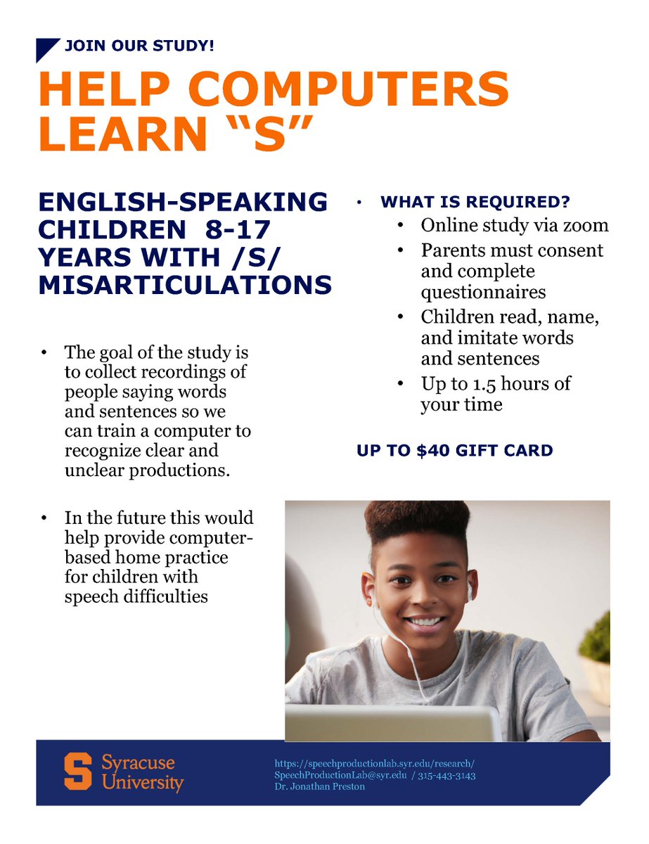 JPreston_SLP's tweet photo. Research study on how English-speaking children with “s” misarticulations pronounce words. Ages 8-17 yrs. Complete questionnaires &amp; Zoom session to record child reading &amp; imitating words. Up to $30 gift card. Parents must provide consent. More info https://t.co/qwuui9odEP https://t.co/SjfexcYlrD