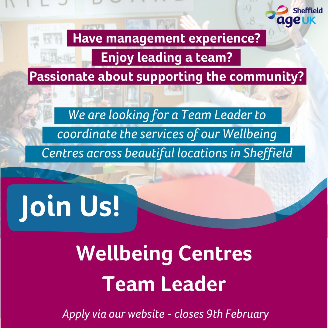 👋We're Hiring! ➡️Wellbeing Centres - Team Leader Follow the link to apply: ageuk.org.uk/sheffield/abou…