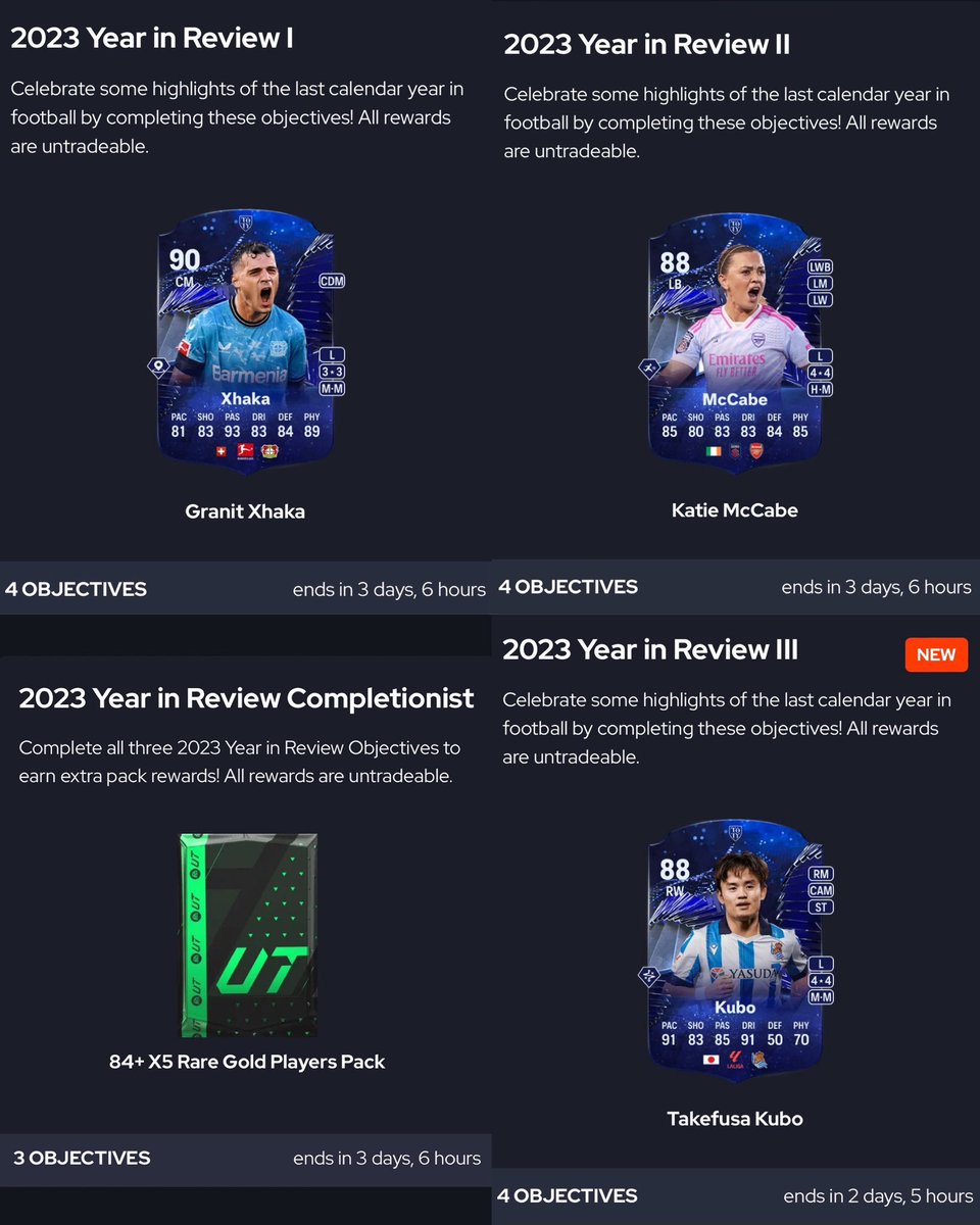 sub2waldy's tweet photo. 🚨You can complete:

- Year in Review I (TOTYHM Xhaka)
- Year in Review II (TOTYHM McCabe)
- Year in Review III (TOTYHM Kubo)
- Year in Review completionist
- 87 FC Pro Jota

All in just a few games of FC24!

12 good packs, 1.5k+ XP, and 3 very decent TOTYHM cards ✅

Full instructions in the thread 👇

#EAFC #EAFC24 #FC24 #TOTY