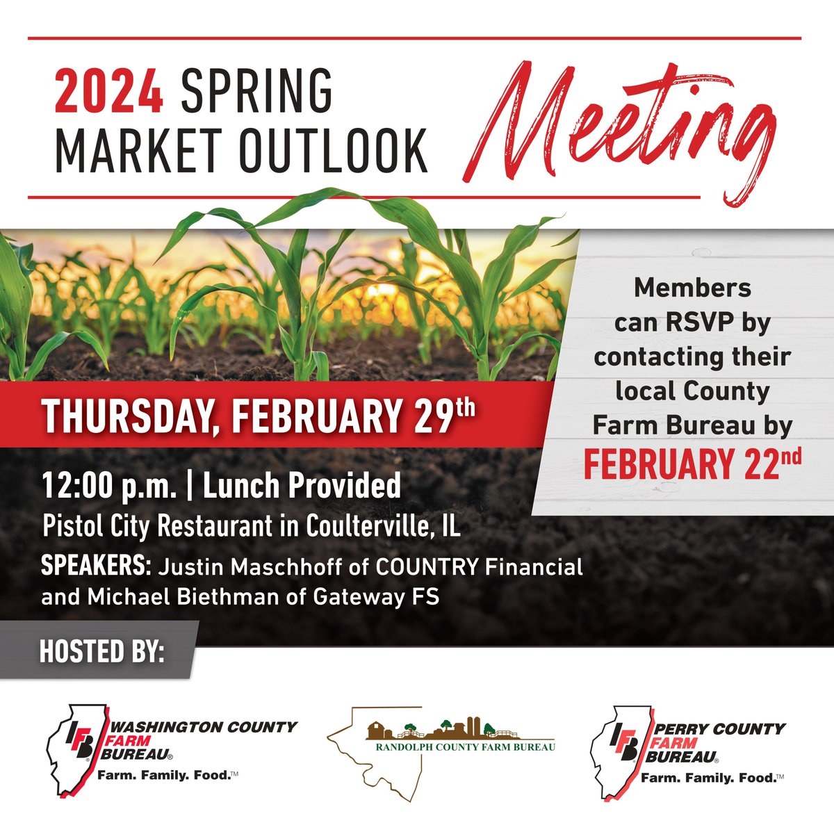 RandolphCoFB's tweet photo. Members - mark your calendars! On February 29th, the Randolph CFB will partner with Washington &amp; Perry CFB organizing the Spring Market Outlook Meeting at Pistol City in Coulterville starting at 12:00pm (the lunch buffet will be provided).  
RSVP 618.443.4511 by February 22nd https://t.co/V2flKt1PkT