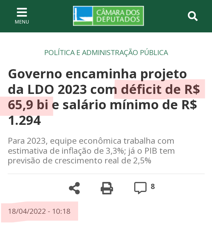 O orçamento do ano corrente é sempre criado e aprovado no ano anterior. Em 2023, o orçamento criado e enviado ao Congresso por Bolsonaro já previa déficit de 66 bilhões.