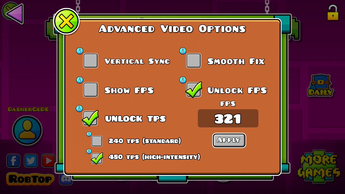 DasherGDD's tweet photo. Hey @RobTopGames 👋 I have a suggestion for a Physics Menu, where you can only choose two modes to keep the physics consistent, and allowing the developement of top level play without breaking levels and having issues with bugs and refresh rates 🗣️💯 https://t.co/CDl0bwAMQa