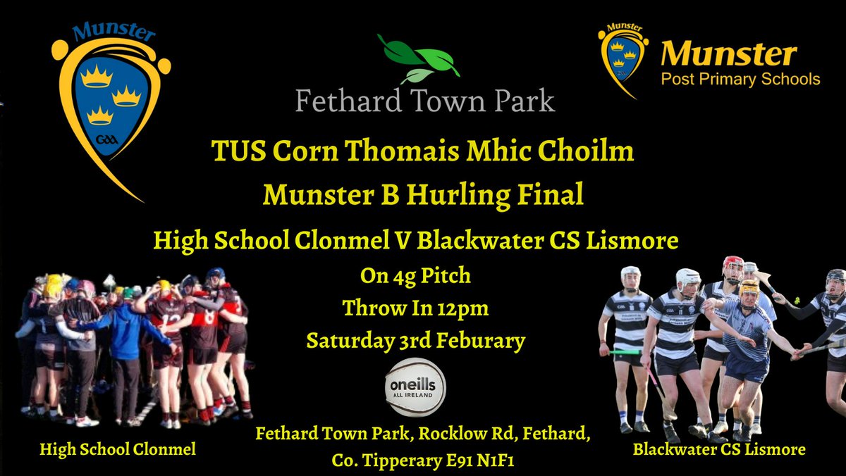 Fethardtownpark's tweet photo. Massive Game here in @Fethardtownpark this Saturday when @hsclonmelcbs take on @Blackwatercs in the @Munsterpps Senior B final in what promises to be a thriller. @premierview @TipperaryGAA @WaterfordGAA @TippFMSport @south_tippGAA @board_south https://t.co/j6nmgl5Zcy