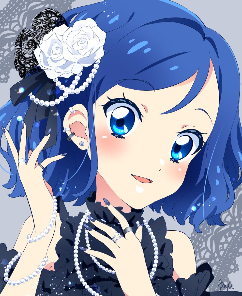 kiriya aoi 1girl jewelry blue hair solo blue eyes ring hair ornament  illustration images